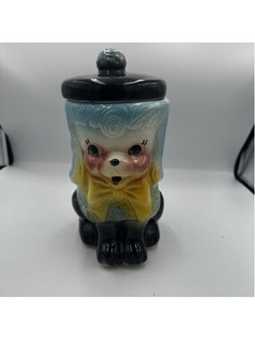 Vintage American Bisque Poodle Cookie Jar Blue Yellow Bow Tie Rare Mid Century